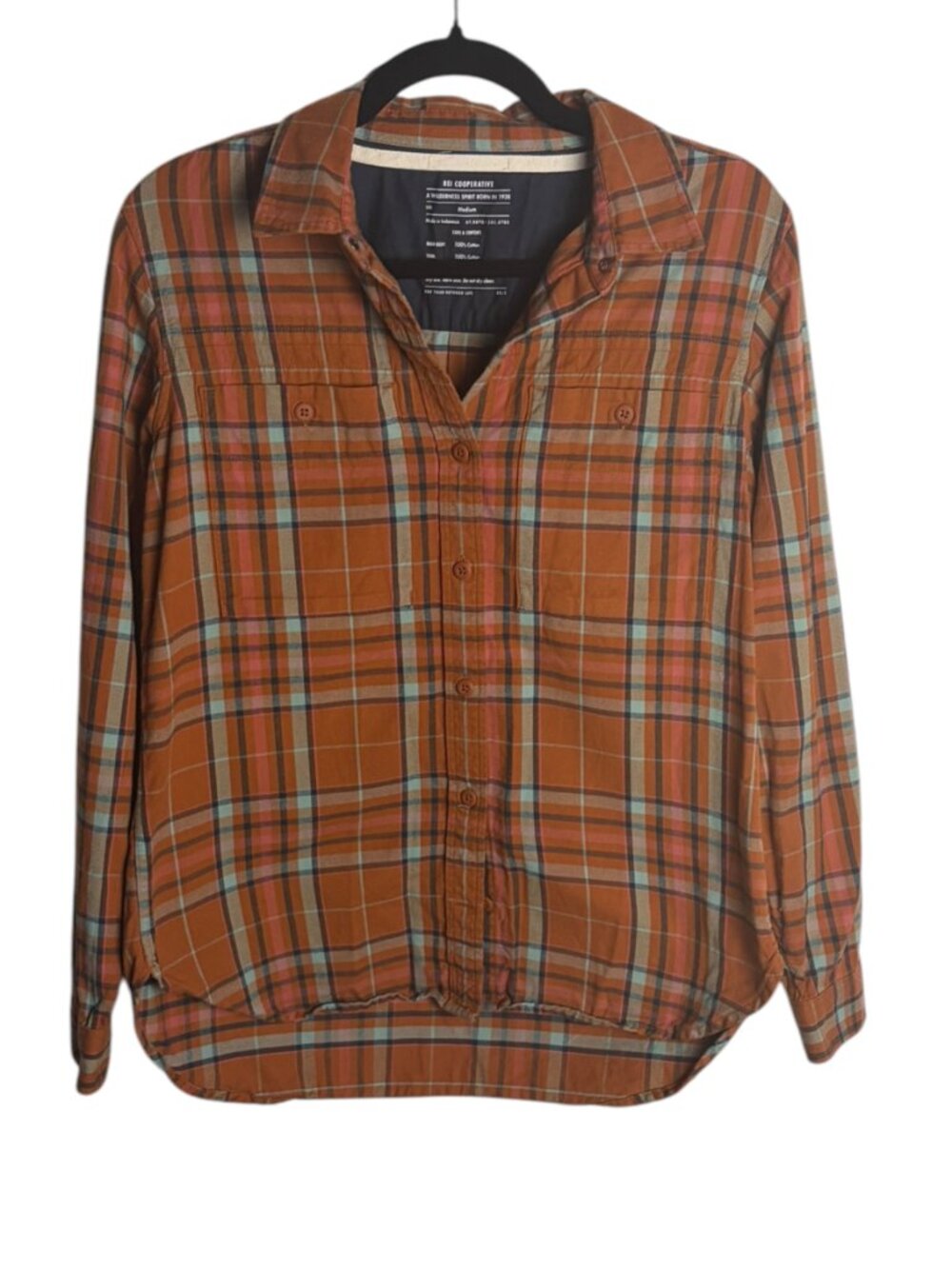REI Women's Size M Wallace Lake Flannel Shirt Button Down Plaid Rust Orange Camp